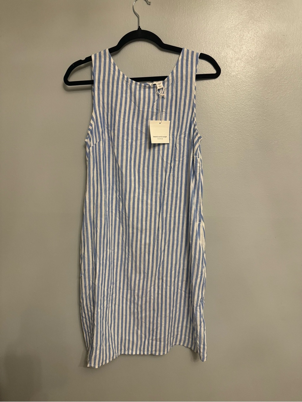 beachlunchlounge Blue & White Vertical Stripe linen shift mini dress XS - Picture 2 of 4